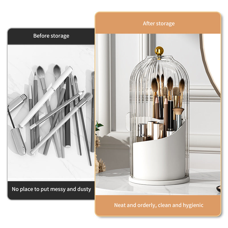 Comparison of messy makeup brushes vs organized brushes in a clear birdcage-style storage holder.