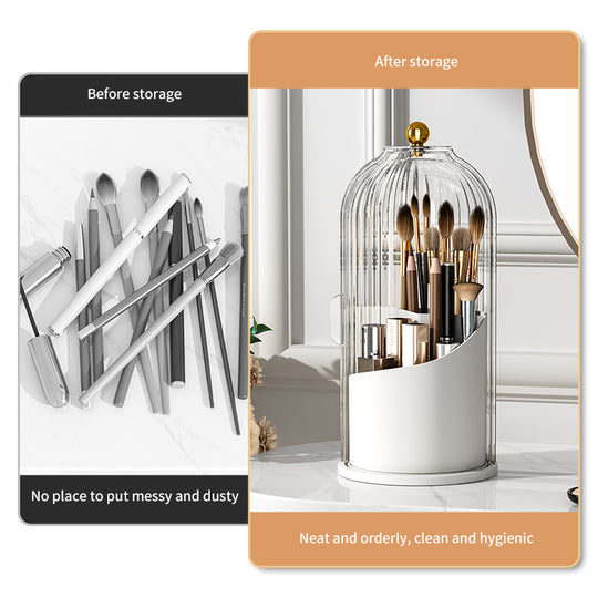 Comparison of messy makeup brushes vs organized brushes in a clear birdcage-style storage holder.