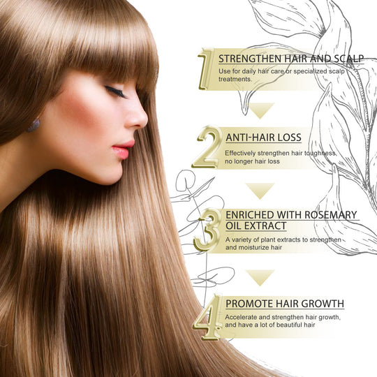 Benefits of rosemary hair growth oil with woman and text