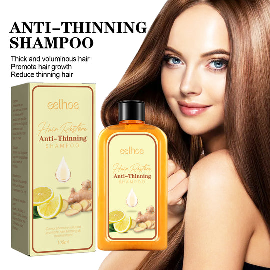 Eelhoe Anti-Thinning Shampoo next to a woman with long, healthy hair