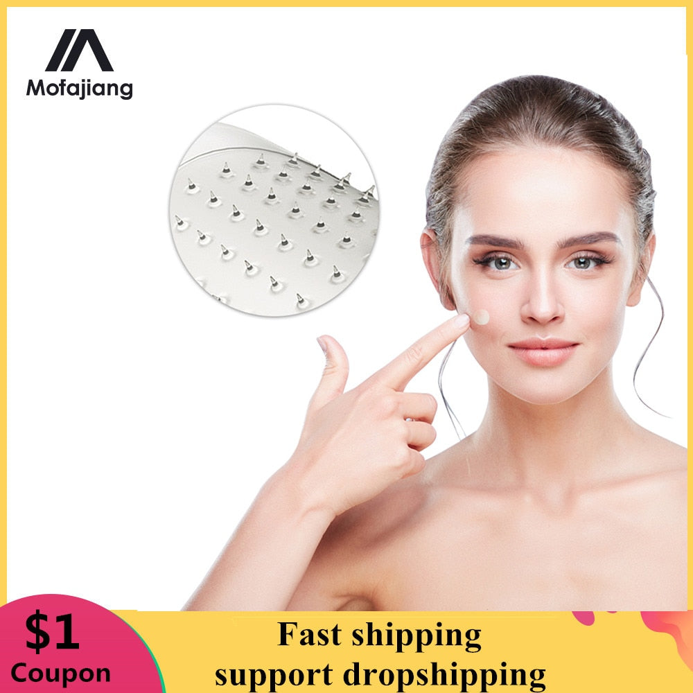Woman using a facial skincare device with microneedles for skin rejuvenation.