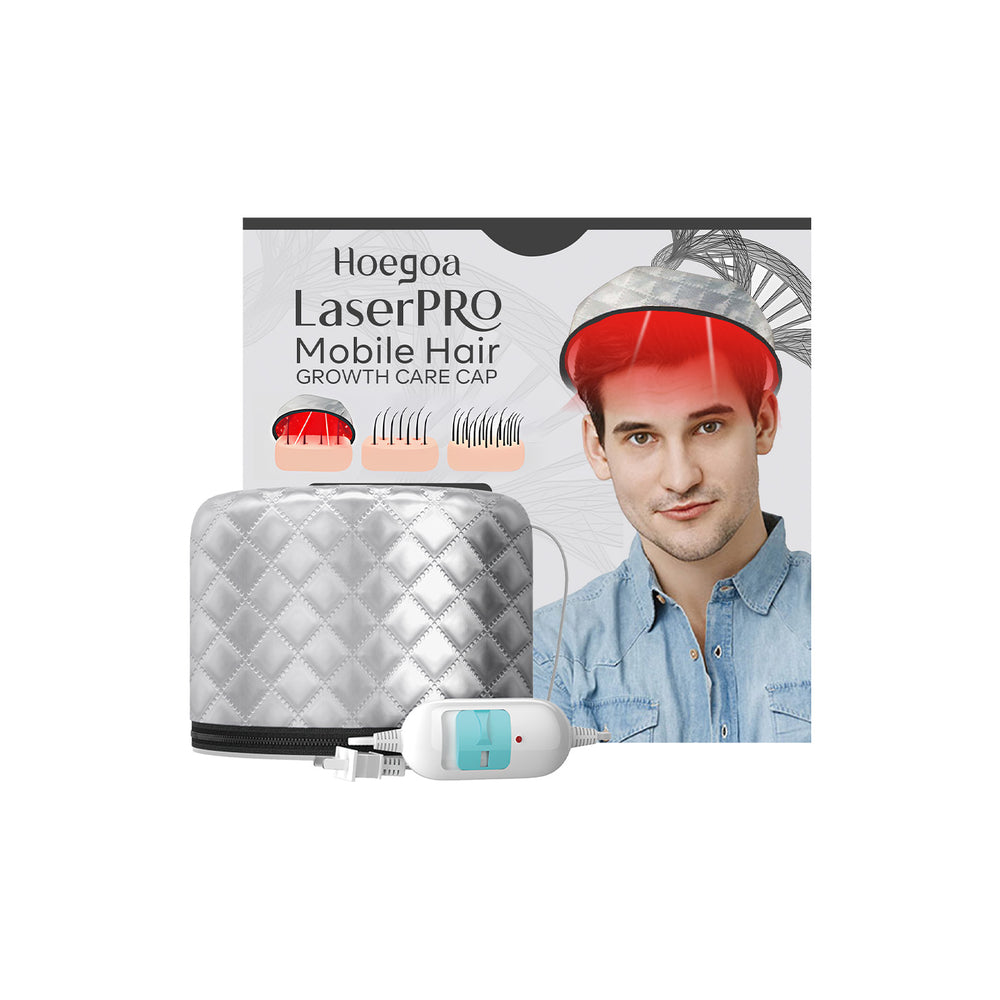 LaserPRO Mobile Hair Growth Care Cap set showing cap, case, and controller